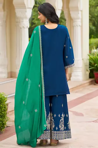 Navy blue chinon embroidered kurta trouser dupatta set
