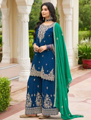 Navy blue chinon embroidered kurta trouser dupatta set 3