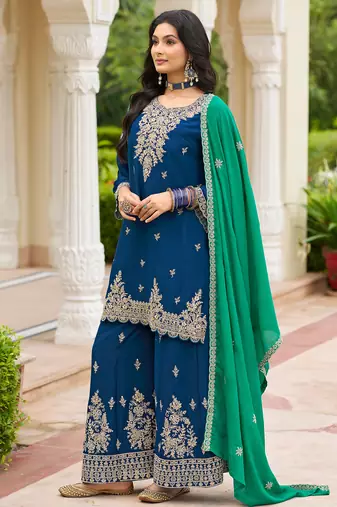 Navy blue chinon embroidered kurta trouser dupatta set