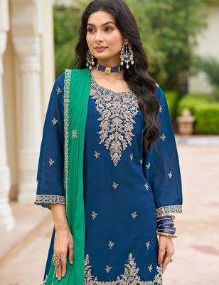 Navy blue chinon embroidered kurta trouser dupatta set 4