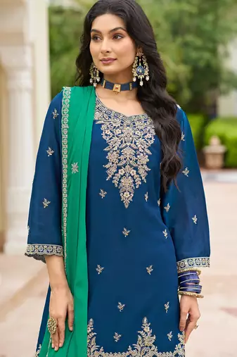 Navy blue chinon embroidered kurta trouser dupatta set