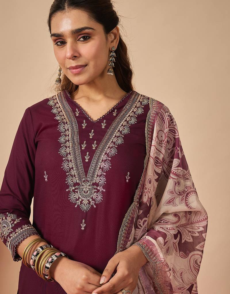 Burgundy viscose rayon embroidered kurta trouser dupatta set