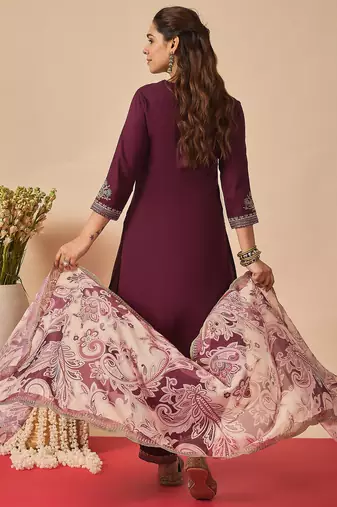 Burgundy viscose rayon embroidered kurta trouser dupatta set
