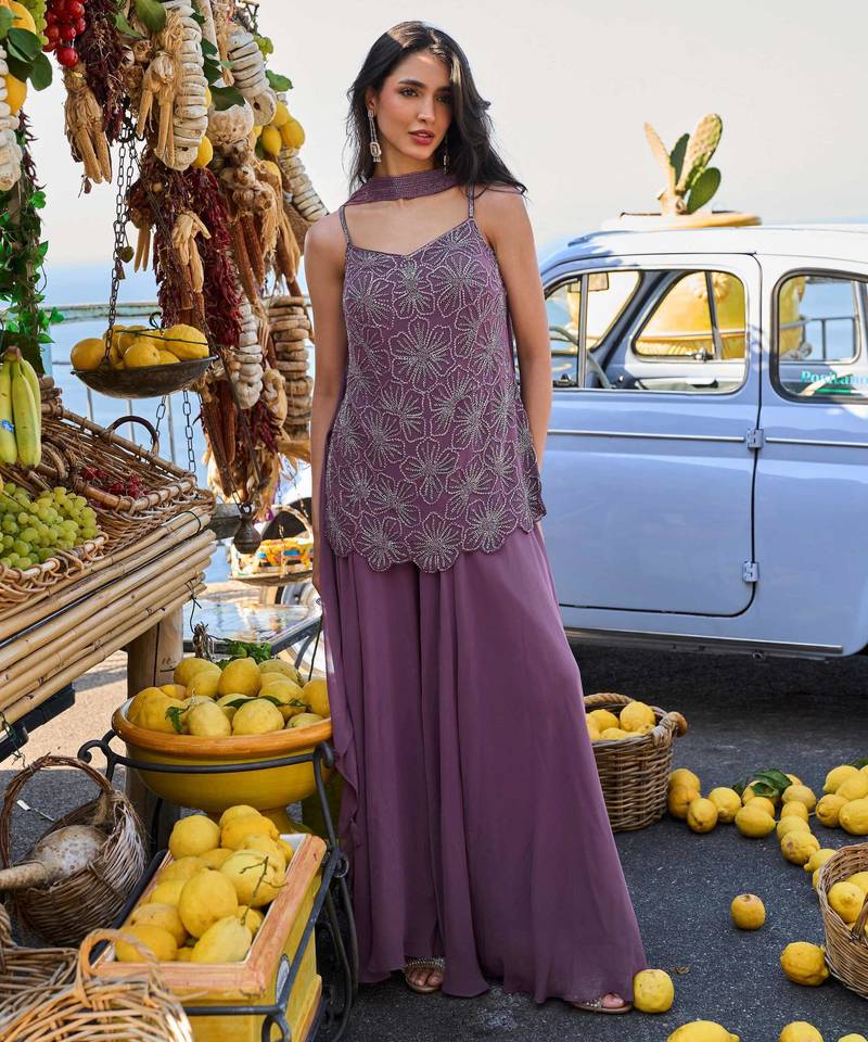 Mauve georgette beads work palazzo suit set