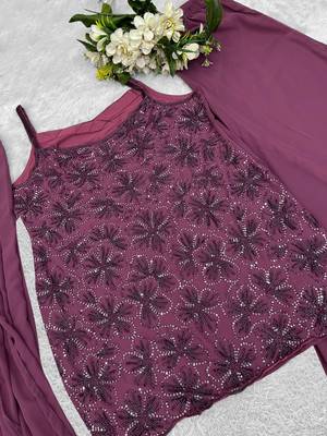 Mauve georgette beads work palazzo suit set 3