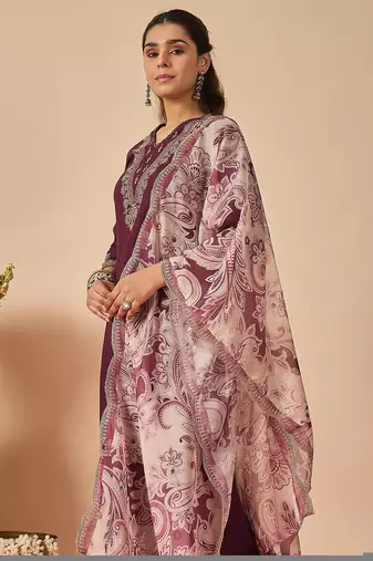 Burgundy viscose rayon embroidered kurta trouser dupatta set