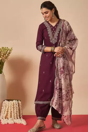 Burgundy viscose rayon embroidered kurta trouser dupatta set