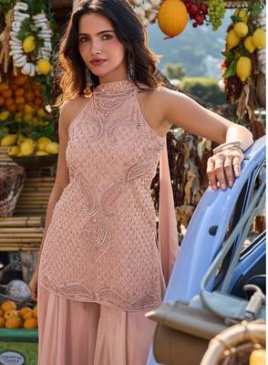 Peach georgette beads work palazzo suit set 2