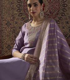 Purple silk blend embroidered kurta trouser dupatta set