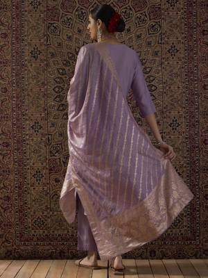 Purple silk blend embroidered kurta trouser dupatta set 2