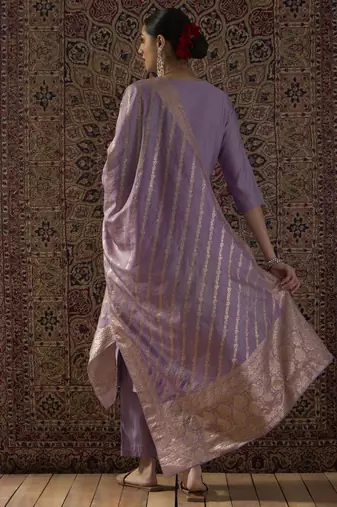 Purple silk blend embroidered kurta trouser dupatta set