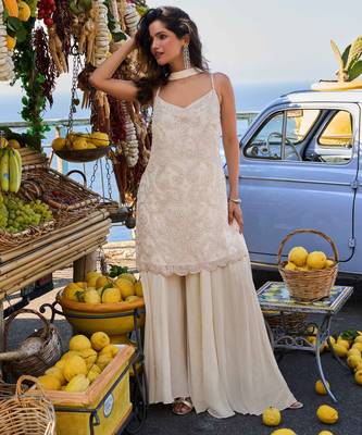 Ivory georgette beads work palazzo suit set 1