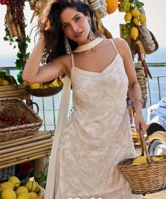 Ivory georgette beads work palazzo suit set 2