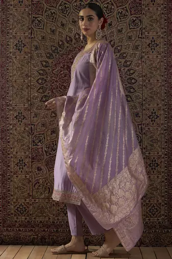 Purple silk blend embroidered kurta trouser dupatta set