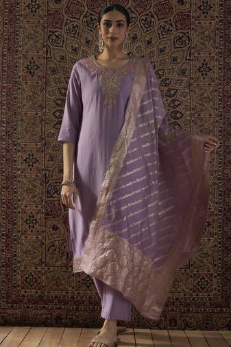 Purple silk blend embroidered kurta trouser dupatta set