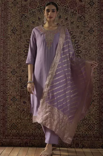 Purple silk blend embroidered kurta trouser dupatta set