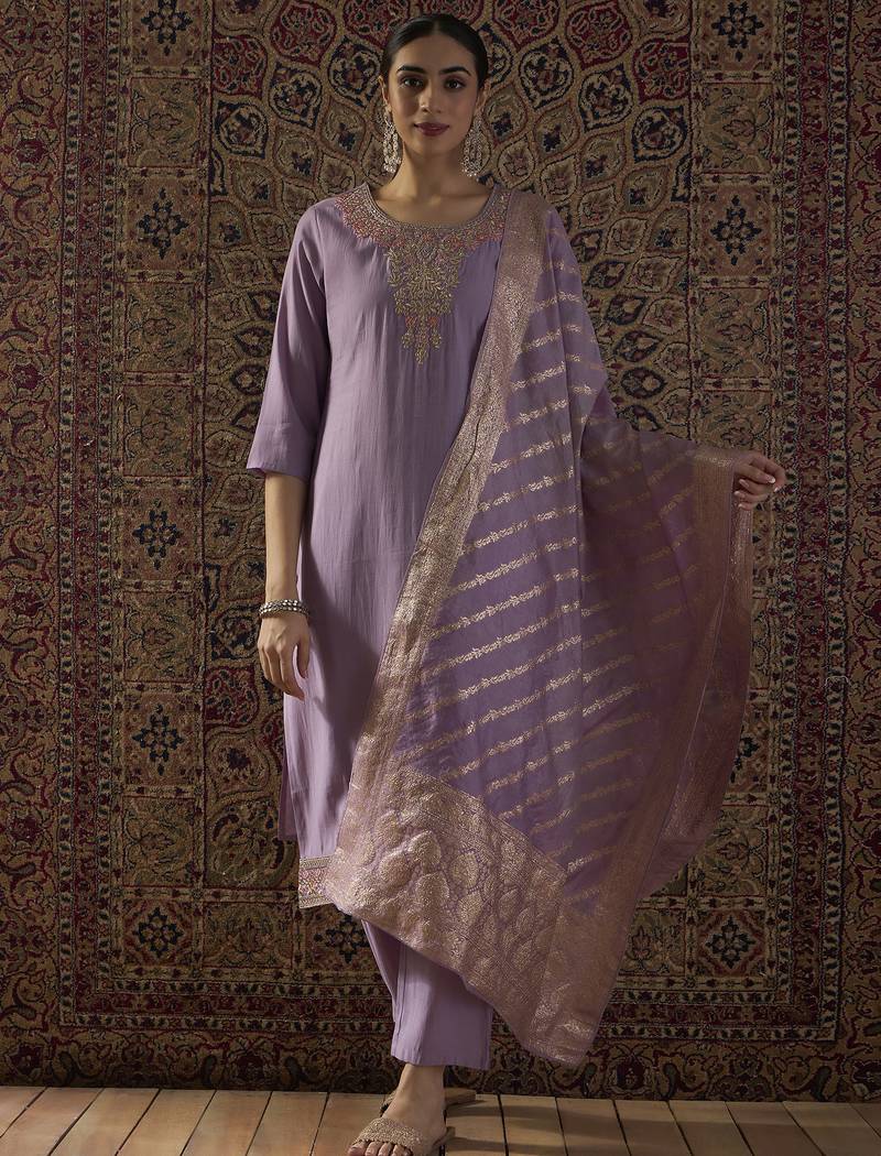 Purple silk blend embroidered kurta trouser dupatta set