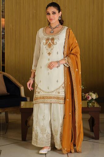 White silk blend embroidered kurta trouser dupatta set