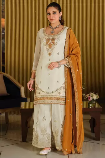 White silk blend embroidered kurta trouser dupatta set