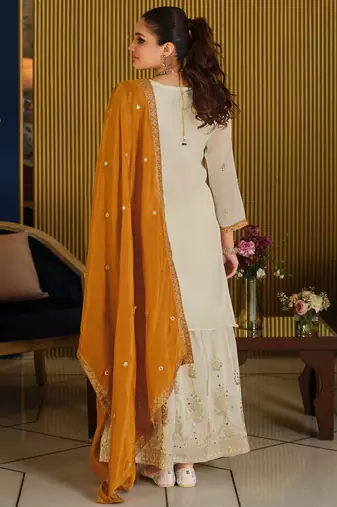 White silk blend embroidered kurta trouser dupatta set