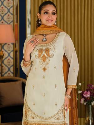 White silk blend embroidered kurta trouser dupatta set 4