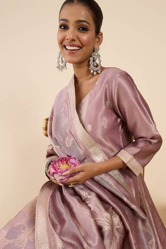 Lavender silk blend printed kurta trouser dupatta set