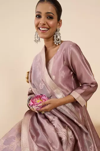 Lavender silk blend printed kurta trouser dupatta set