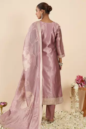 Lavender silk blend printed kurta trouser dupatta set