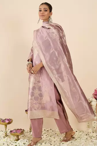 Lavender silk blend printed kurta trouser dupatta set
