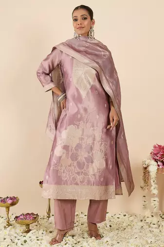 Lavender silk blend printed kurta trouser dupatta set