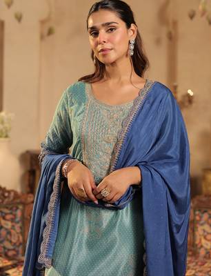 Sea green silk blend embroidered kurta trouser dupatta set 1