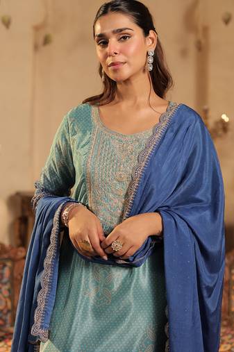 Sea green silk blend embroidered kurta trouser dupatta set