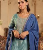 Sea green silk blend embroidered kurta trouser dupatta set