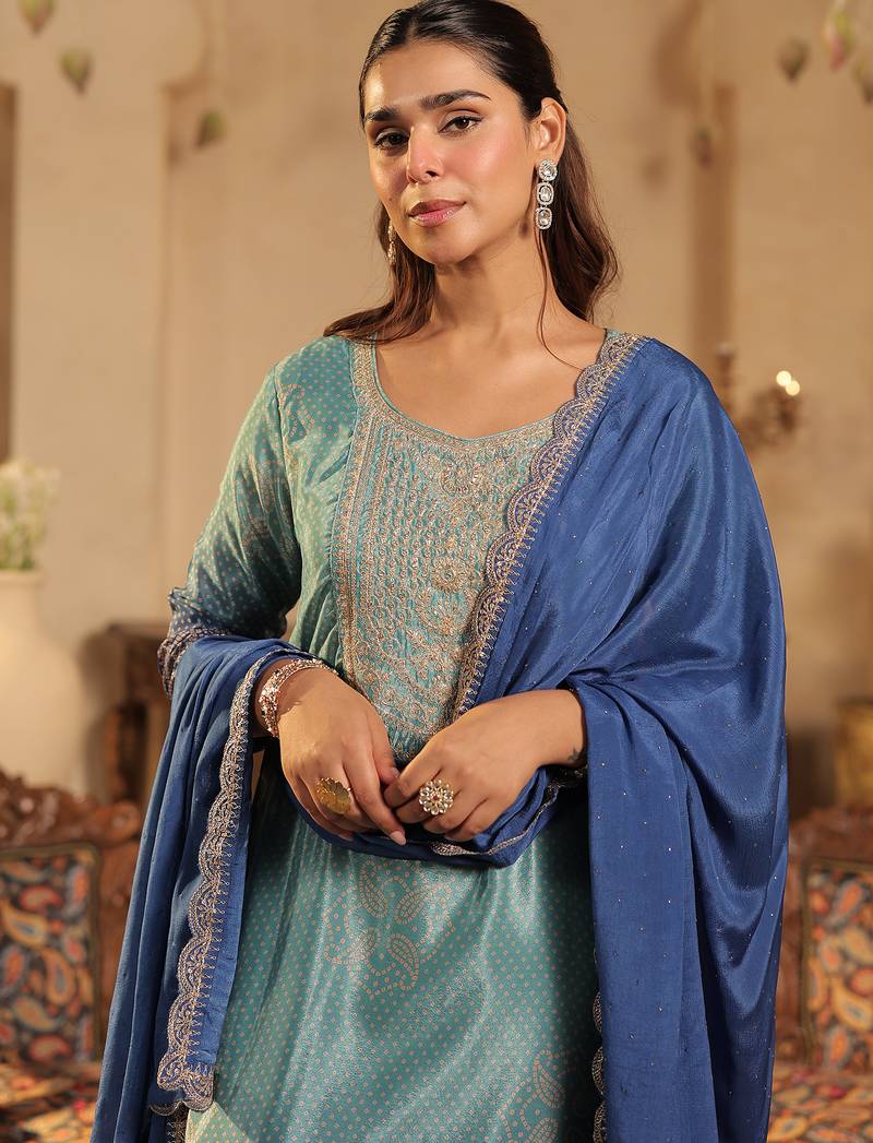 Sea green silk blend embroidered kurta trouser dupatta set