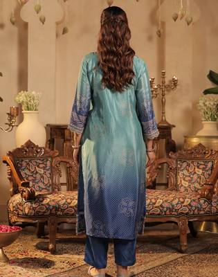 Sea green silk blend embroidered kurta trouser dupatta set 2