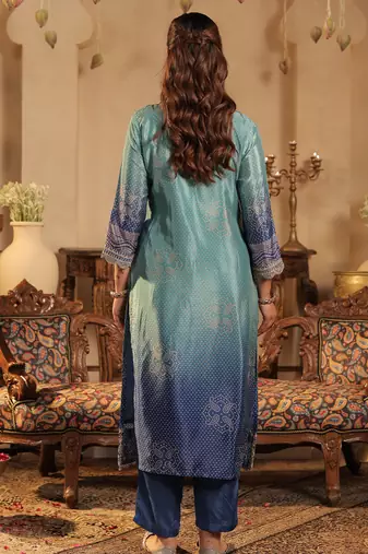 Sea green silk blend embroidered kurta trouser dupatta set