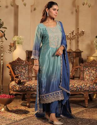 Sea green silk blend embroidered kurta trouser dupatta set 3