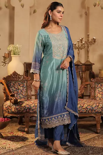 Sea green silk blend embroidered kurta trouser dupatta set