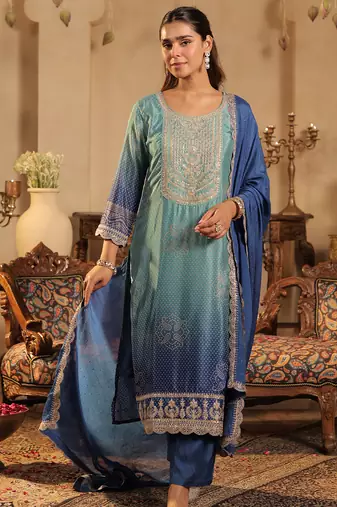 Sea green silk blend embroidered kurta trouser dupatta set
