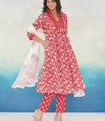 Red pure cotton printed kurta trouser dupatta set