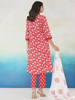 Red pure cotton printed kurta trouser dupatta set 2