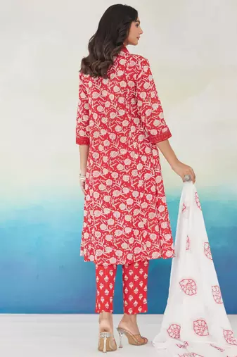 Red pure cotton printed kurta trouser dupatta set