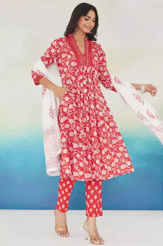 Red pure cotton printed kurta trouser dupatta set