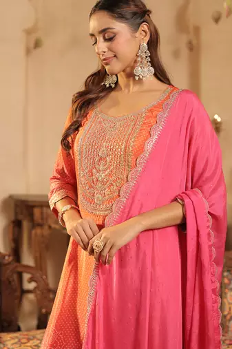 Orange silk blend embroidered kurta trouser dupatta set