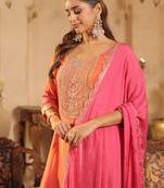 Orange silk blend embroidered kurta trouser dupatta set