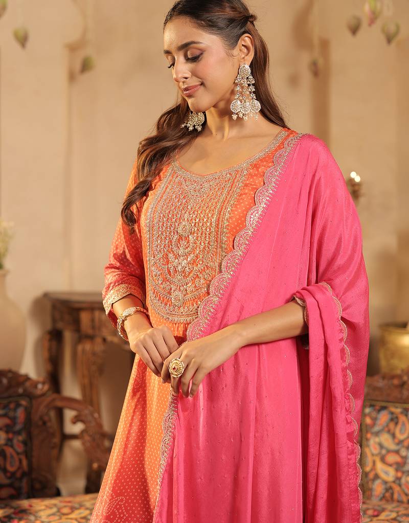 Orange silk blend embroidered kurta trouser dupatta set