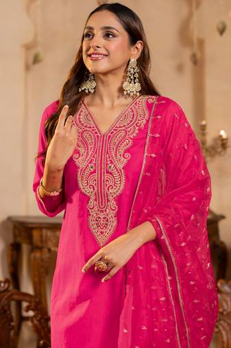 Pink liva embroidered kurta trouser dupatta set