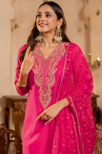 Pink liva embroidered kurta trouser dupatta set