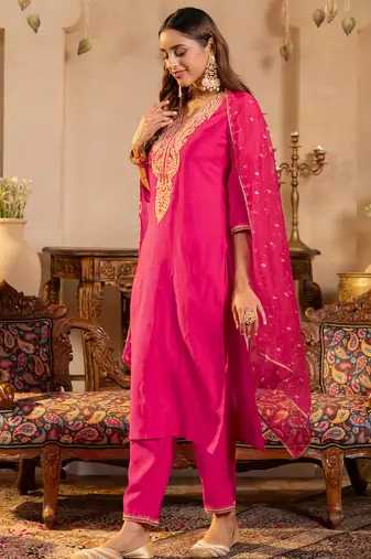 Pink liva embroidered kurta trouser dupatta set