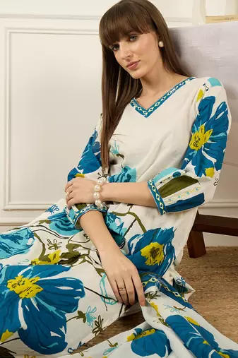 White pure cotton printed kurta trouser dupatta set